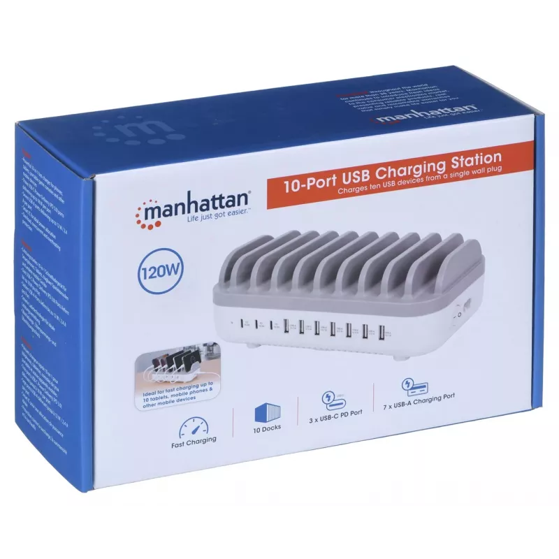 Manhattan Charging Station, 10x Ports: 3x USB-C (up to 18W PD) and 7x USB-A (up to 12W), 120W Total Output, biały/szary, Three Year Warranty