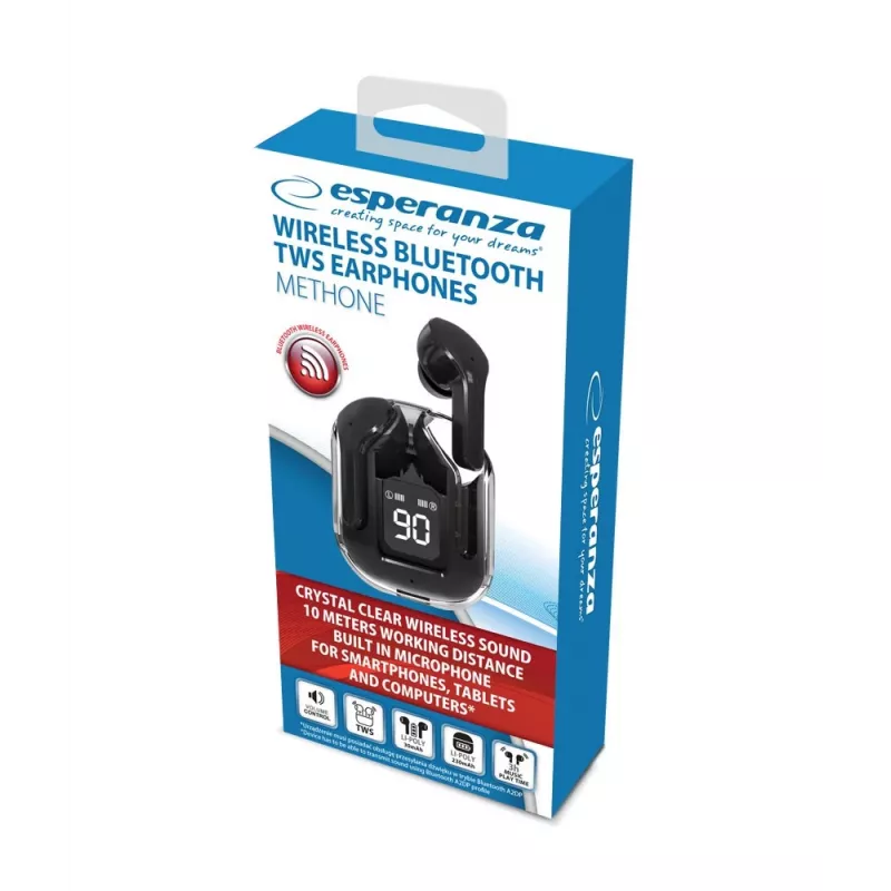 Bezprzewodowe słuchawki douszne ESPERANZA EH238K — Bluetooth 5.3, 2,4 GHz, zasięg 10 m, bateria 230 mAh, sterowanie dotykowe, czarne