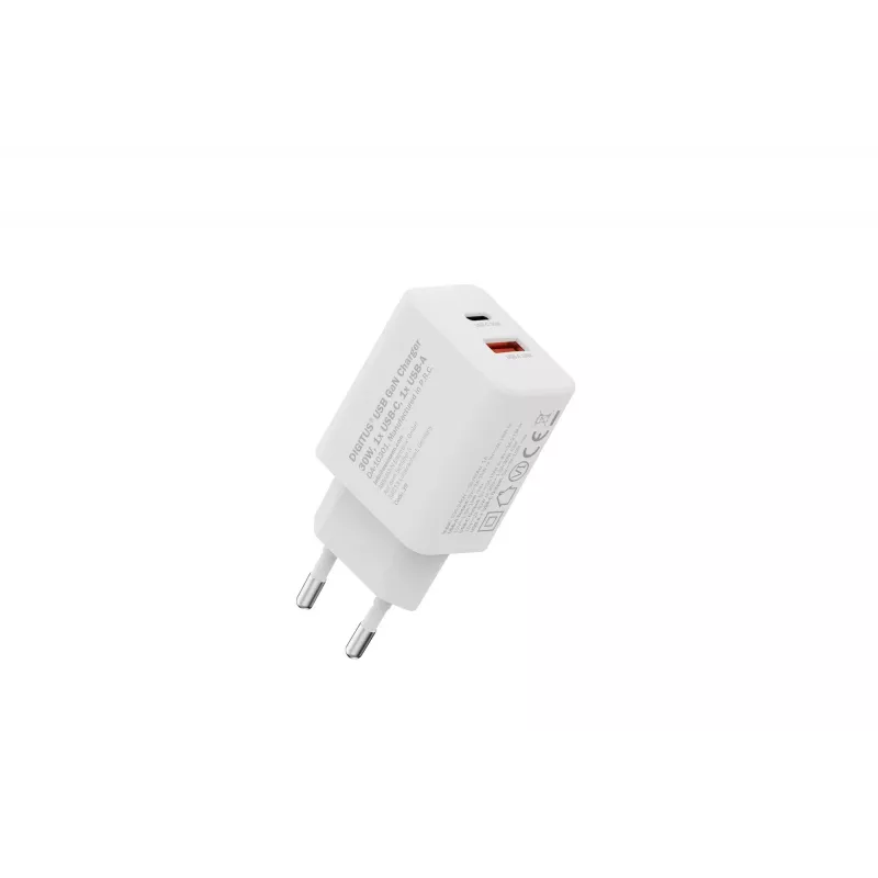 Ładowarka sieciowa USB GaN DIGITUS DA-10301 — 30 W, 1× USB-C, 1× USB-A, 100–240 V, biała