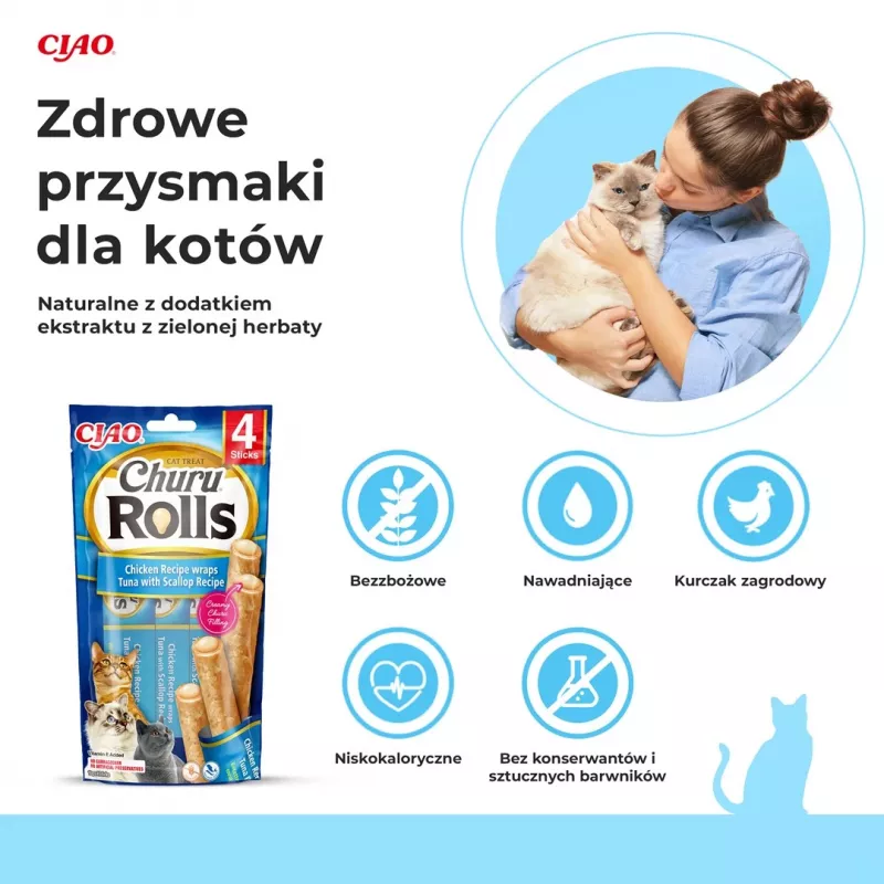 INABA Churu Rolls przepis z kurczakiem zawijane w przepis z tuńczykiem i przegrzebkami - przysmaki dla kota - 4x10 g