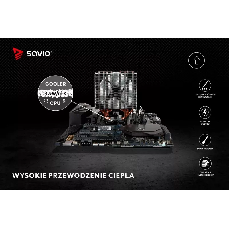 Pasta termoprzewodząca SAVIO TG-04 2g — wysokowydajna pasta termiczna do CPU/GPU, gęstość 2,81 g/cm³, szara, 2 g