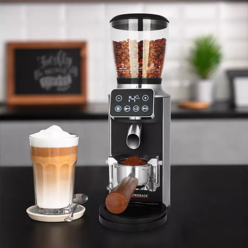 Młynek żarnowy do kawy GASTROBACK Design Pro Touch 30 — żarna stożkowe, zbiornik 300 g, 150 W, czarny/przezroczysty