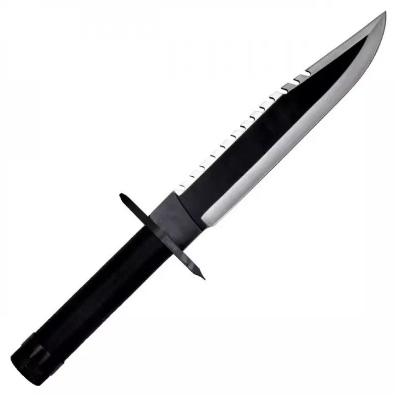 Nóż survivalowy ze stałą głownią, klasyk filmowy Rambo I CC-H1 — długość całkowita 360 mm, ząbkowana głownia stalowa 225 mm, czarna skórzana pochwa