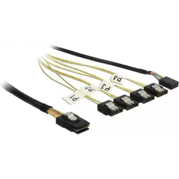 Wewnętrzny kabel Mini SAS na 4×SATA DELOCK 1 m — Mini SAS SFF-8087 na 4×SATA 7-pin, czarny/srebrny/żółty