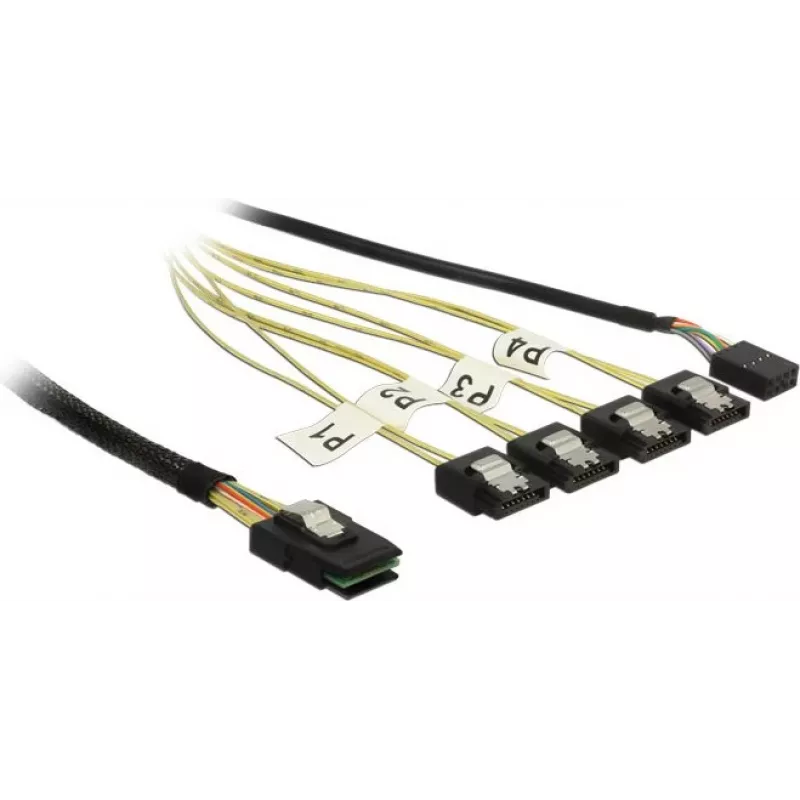Wewnętrzny kabel Mini SAS na 4×SATA DELOCK 1 m — Mini SAS SFF-8087 na 4×SATA 7-pin, czarny/srebrny/żółty