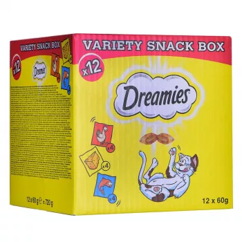 Przysmaki dla kota Dreamies ser, kurczak, łosoś zestaw 12×60 g — mięsne stałe przekąski, białko 31%, tłuszcz 21%