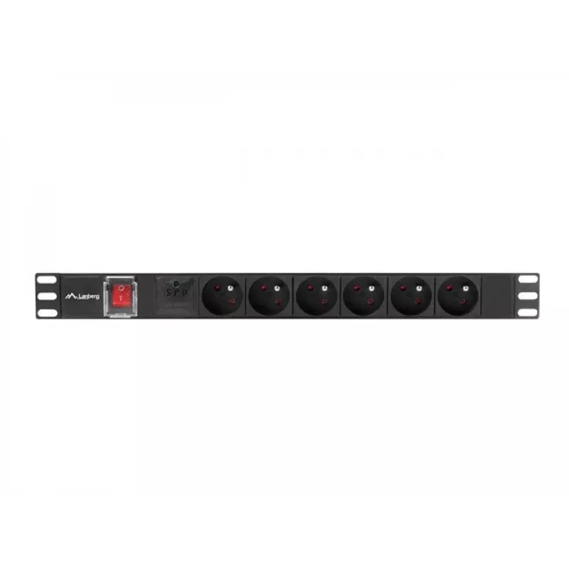 Jednostka dystrybucji zasilania LANBERG PDU-06E-0200-BK — 6 gniazd typu E, 16 A, kabel 2 m, 1U do szafy rack, 220–250 V