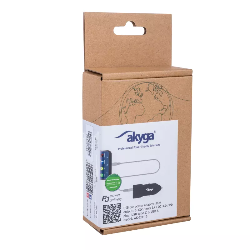 Ładowarka samochodowa 12/24V Akyga AK-CH-16 36W USB-A + USB-C PD Quick Charge 3.0 5-12V / 1.5-3A czarna