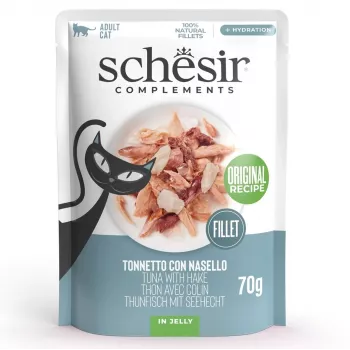 Mokra karma dla kota Agras Pet Foods SCHESIR Tuńczyk z morszczukiem w galarecie, 70 g, bez zbóż, soi i glutenu