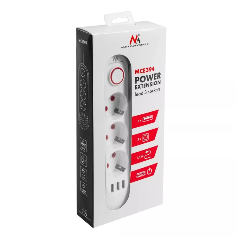 Listwa zasilająca MACLEAN MCE394W — 3 gniazda, 3×USB 2,1 A, 110–240 V AC, 2500 W, kabel 1,5 m, biała
