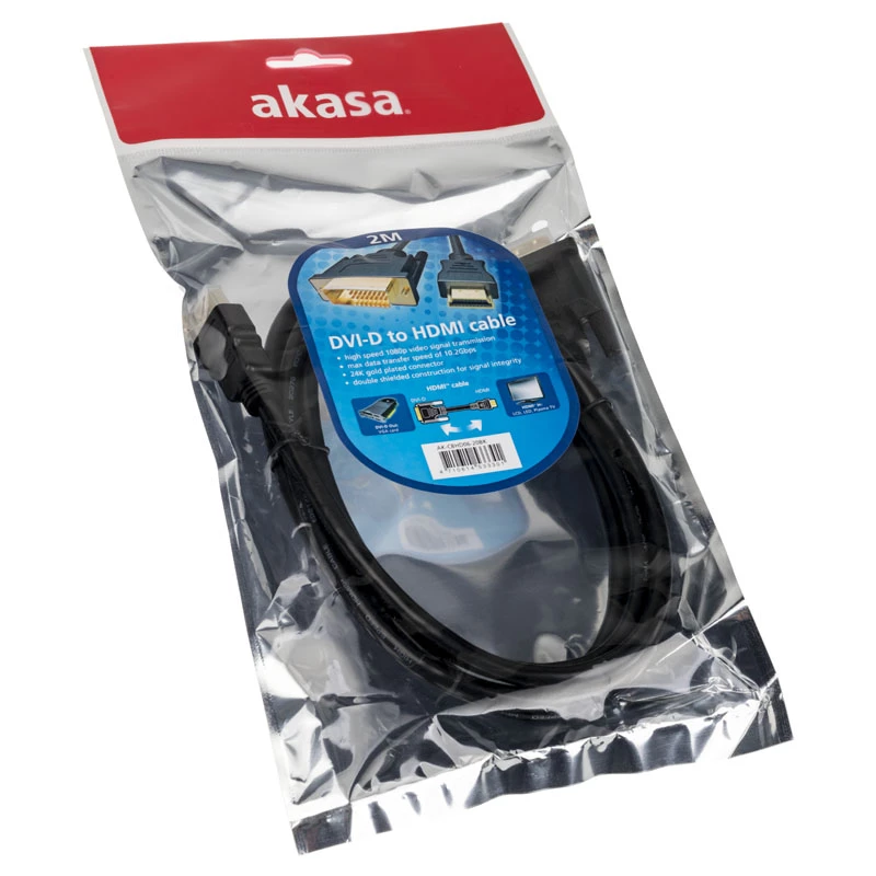 Kabel przejściowy wideo Akasa AK-CBHD06-20BK 2m DVI-D HDMI Czarny