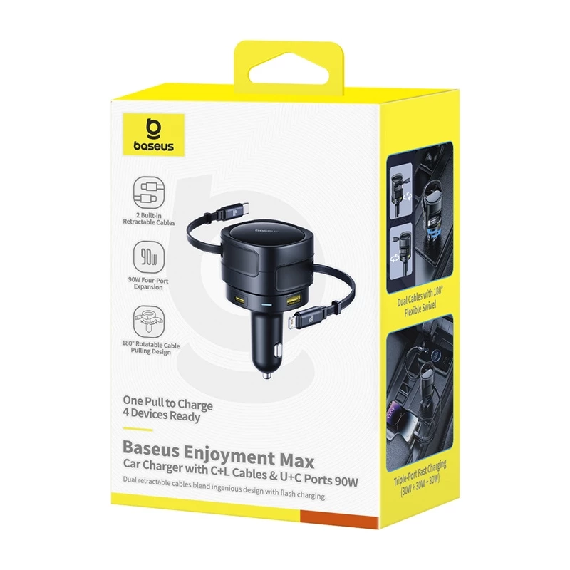 Ładowarka samochodowa Baseus Enjoyment Max 90W z portami USB-C, Lightning i USB-A