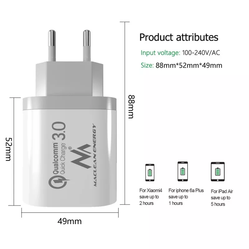 Ładowarka sieciowa MACLEAN MCE479W — szybka ładowarka USB z 3 portami, łączna moc wyjściowa 18 W