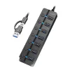 Koncentrator USB 3.2 Gen1, 7 portów z przełącznikami włącz/wyłącz, czarny