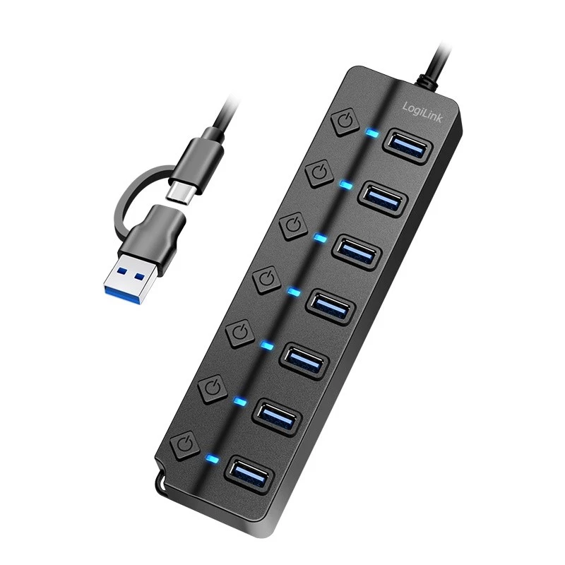 Koncentrator USB 3.2 Gen1, 7 portów z przełącznikami włącz/wyłącz, czarny