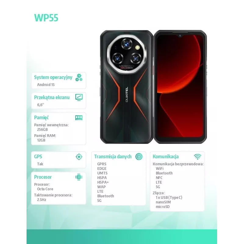 Smartfon Oukitel WP55 6.6 cala 12 GB 256 GB DS 11000 mAh pomarańczowy