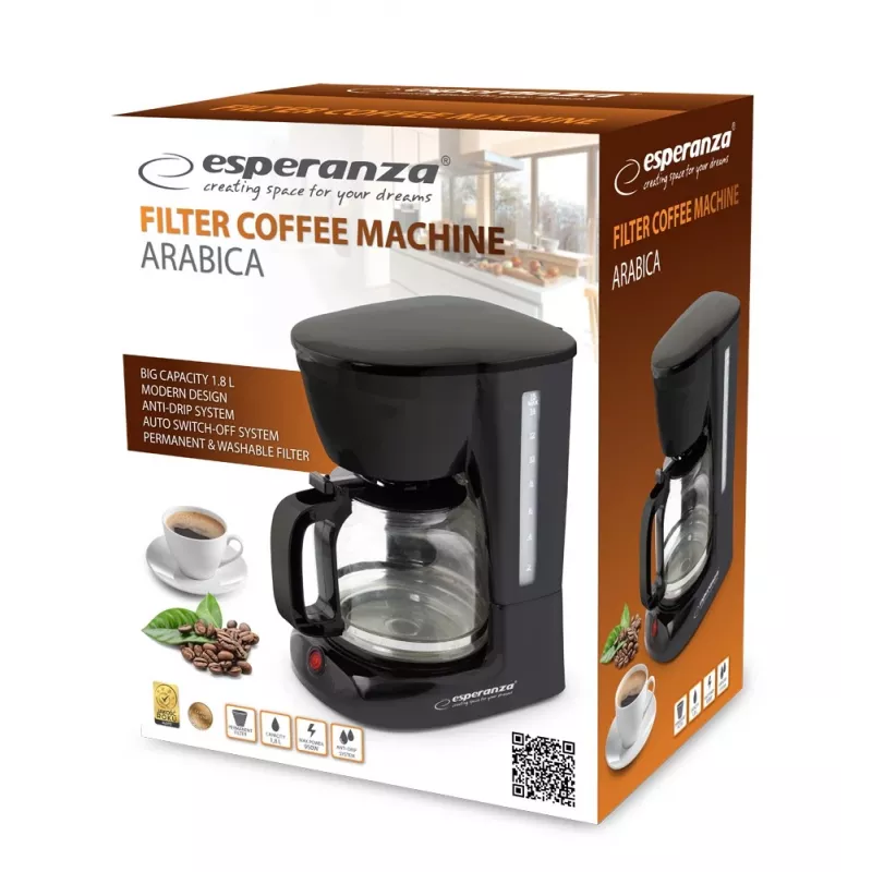 Ekspres przelewowy ESPERANZA EKC005 — zbiornik na wodę 1,8 l, czarny, 950 W