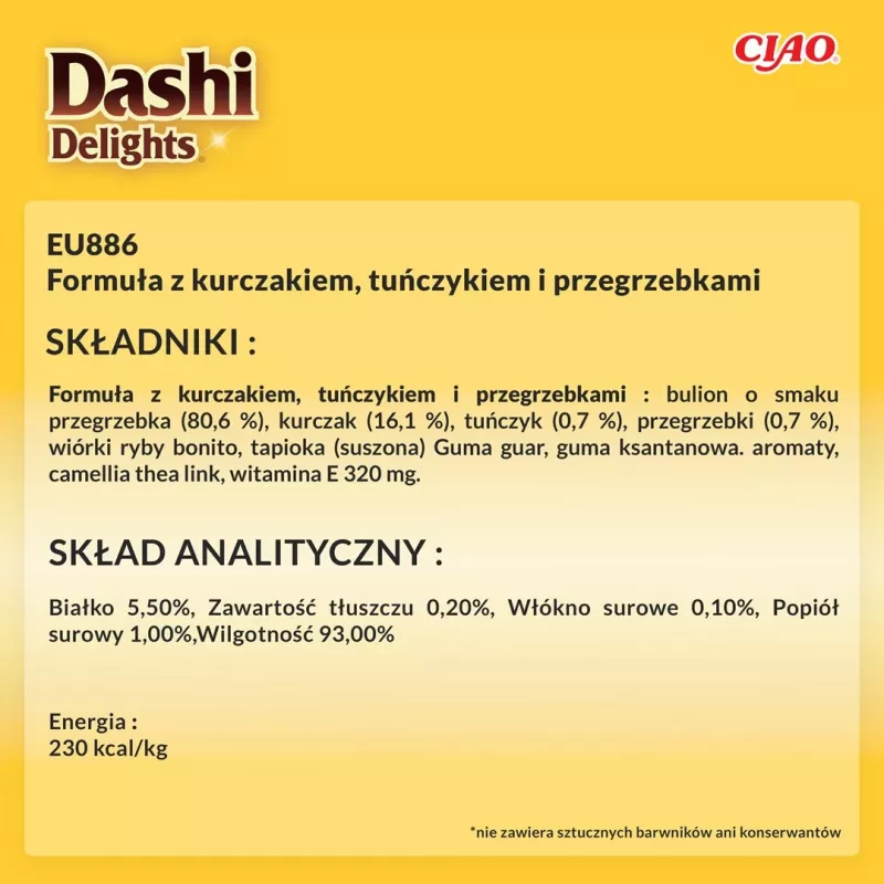 Mokry przysmak dla kota INABA Dashi Delights — Kurczak z tuńczykiem i przegrzebkiem, 40 g saszetka, 93% wilgotności, 5,5% białka