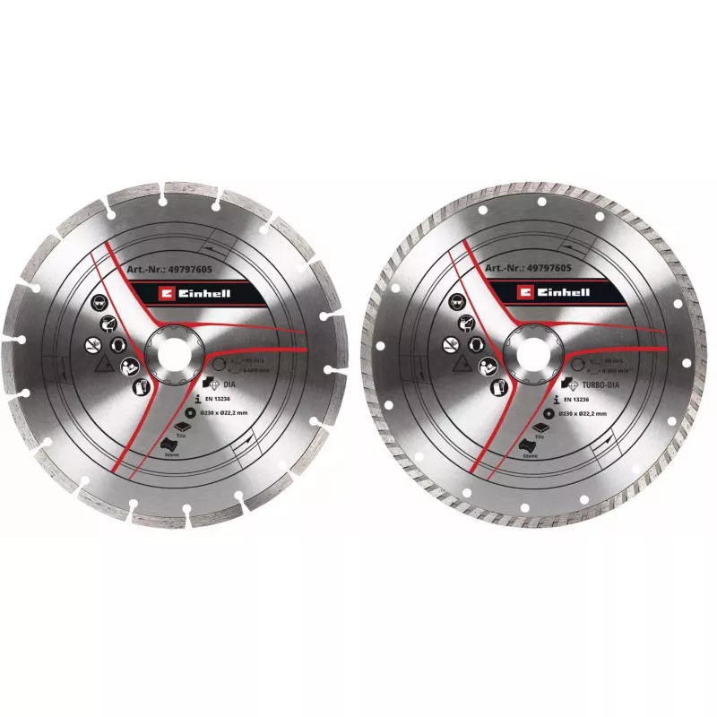 Zestaw diamentowych tarcz tnących do szlifierek kątowych EINHELL 230×22,23×1,8 mm, krawędź turbo, 2 sztuki