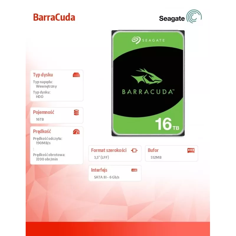 Seagate Barracuda 16TB wewnętrzny dysk twardy 7200 RPM 512 MB 3.5 cala Serial ATA