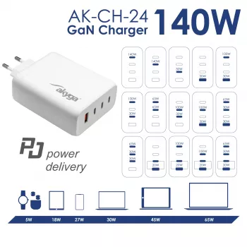 Ładowarka USB GaN Akyga AK-CH-24 140 W, 3 x USB-C PD + USB-A, biała