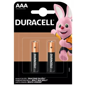 Bateria alkaliczna Duracell Basic MN2400 AAA — opakowanie 2 szt., ogniwa jednorazowe do urządzeń o niskim i średnim poborze prądu