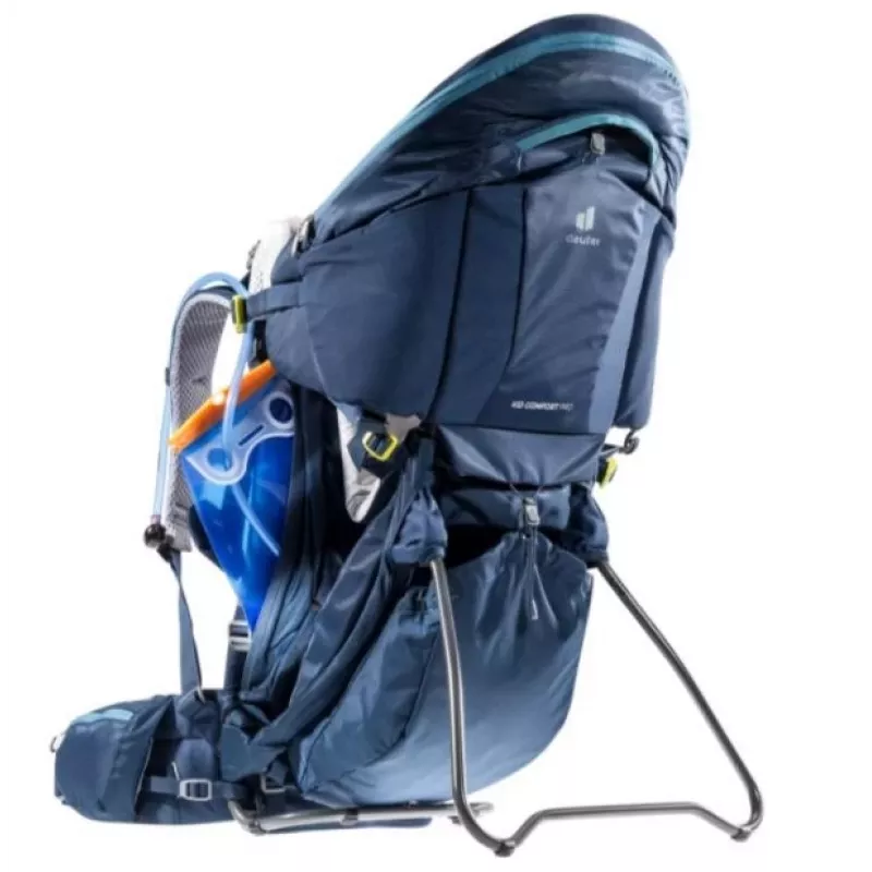 Nosidełko turystyczne Deuter Kid Comfort Pro, niebieskie, poliamid, maks. 22 kg, daszek przeciwsłoneczny, kieszeń boczna