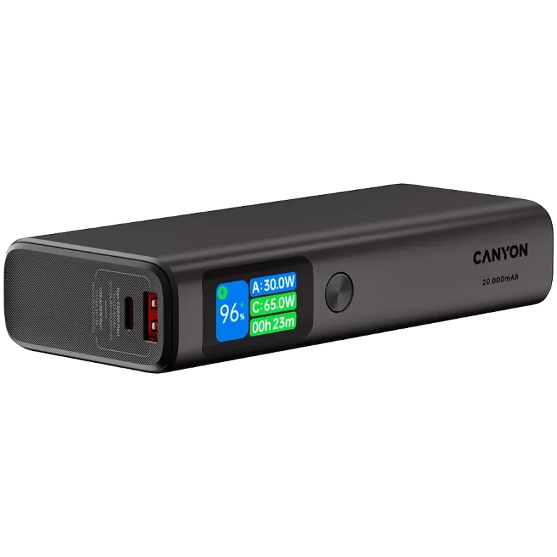 Canyon OnPower 230 TFT powerbank, 20000 mAh, PD 130 W, 2x USB-C + USB-A, metalowa obudowa, ciemnoszary