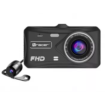 Dashcam TRACER 4TS Full HD dwukanałowa kamera samochodowa, 2 MP główna, 0,4 MP wewnętrzna, kąty 140°/60°, wyświetlacz IPS 4 cale, bateria 150 mAh, obudowa aluminiowa, asystent parkowania