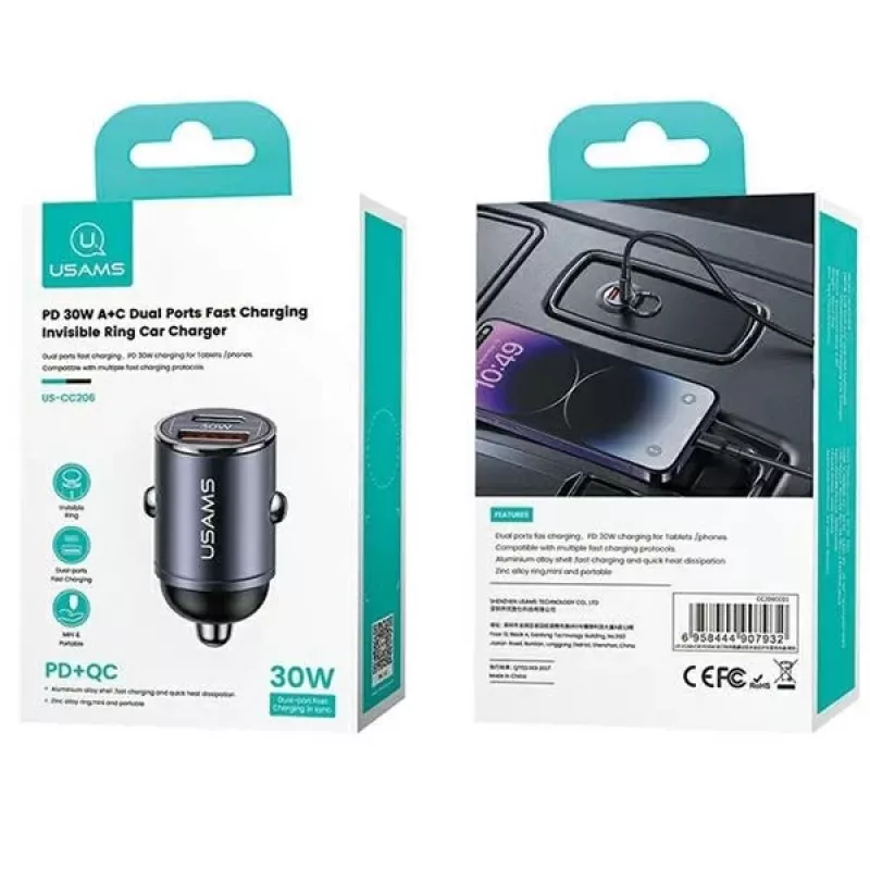 Ładowarka samochodowa usams C38 30 W — 1x USB-A + 1x USB-C szybkie ładowanie