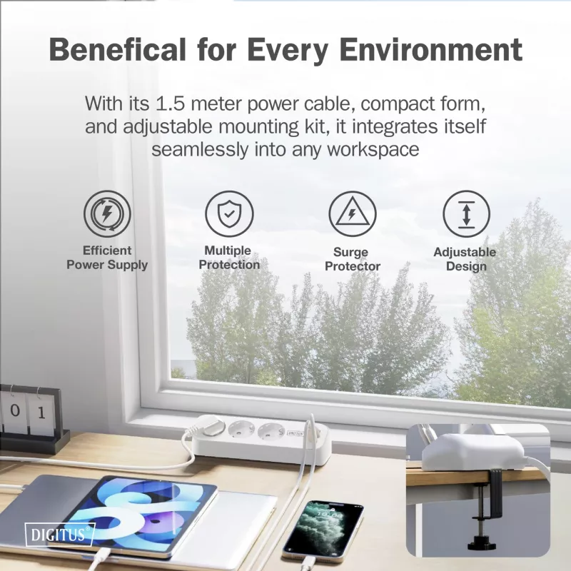 Listwa zasilająca DIGITUS 3-drożna z 2×USB-A i 1×USB-C, 3 gniazda AC typu E/F, kabel 1,5 m, biała