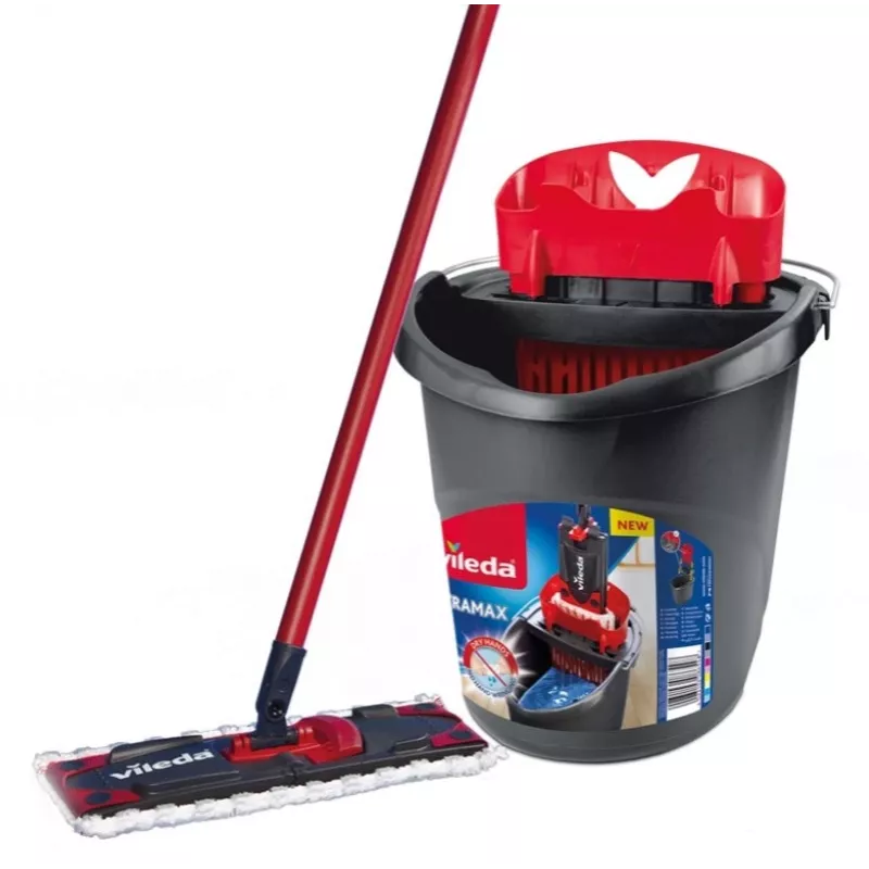 Mop podłogowy VILEDA Ultramax BOX 177453 z wymienną głowicą z mikrofibry, wiadrem z wyciskarką, 3 ściereczkami nadającymi się do prania, czarny