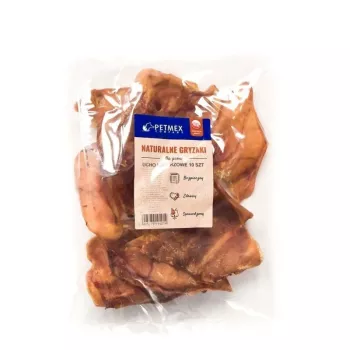 Gryzak dla psa PETMEX ucho wieprzowe opakowanie 10 szt. · naturalne uszy wieprzowe 40 g każde · łącznie 400 g · dla dorosłych psów średnich i dużych
