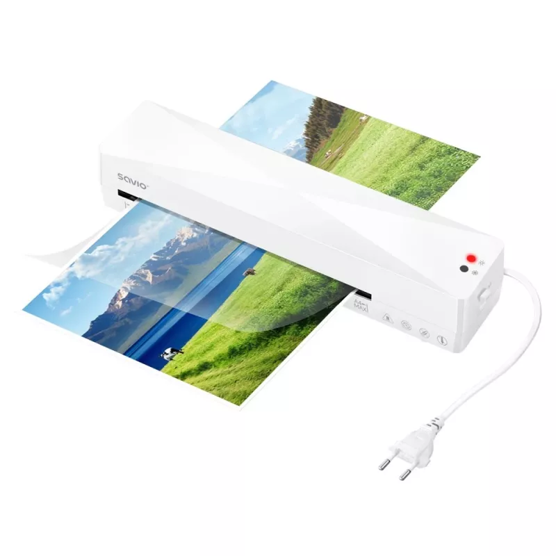 Laminator na zimno/gorąco SAVIO LR-01/W — max szerokość 230 mm, 320 mm/min, 300 W, biały