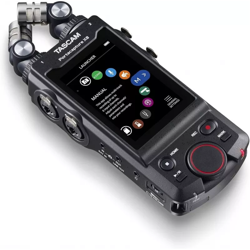 Przenośny wielościeżkowy rejestrator audio Tascam Portacapture X8 — 6 kanałów, 24/32-bit, do 96 kHz, 4 wejścia combo XLR/TRS, karta SD, USB-C, zasilanie bateryjne lub sieciowe