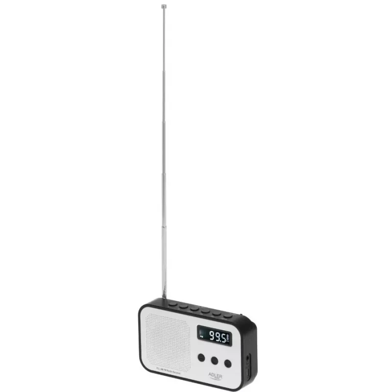 Przenośne radio cyfrowe Adler AD 1907 — AM/FM, tuner cyfrowy, alarm, USB-C, bateria 600 mAh, LCD, 20 ustawień, antena teleskopowa