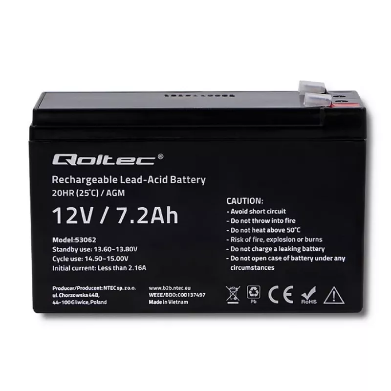 Qoltec 53062 Bateria AGM | 12V | 7,2 Ah | max 108A