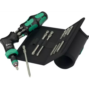Ratchet screwdriver Wera Kraftform Kompakt Pistol RA‑R 2 with 13 bits, compact ratcheting pistol‑grip design