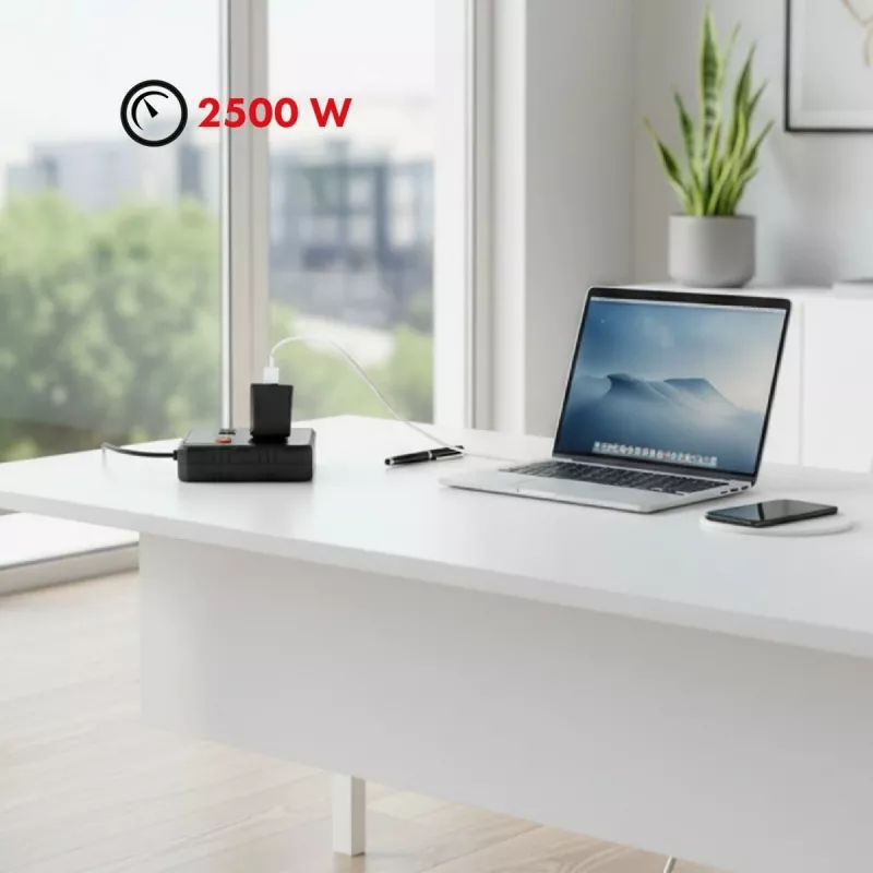 Listwa zasilająca MACLEAN MCE388 B — 2 gniazda AC, 3×USB A, 110–120V 50/60Hz, 2500W, kabel 3 m, czarny