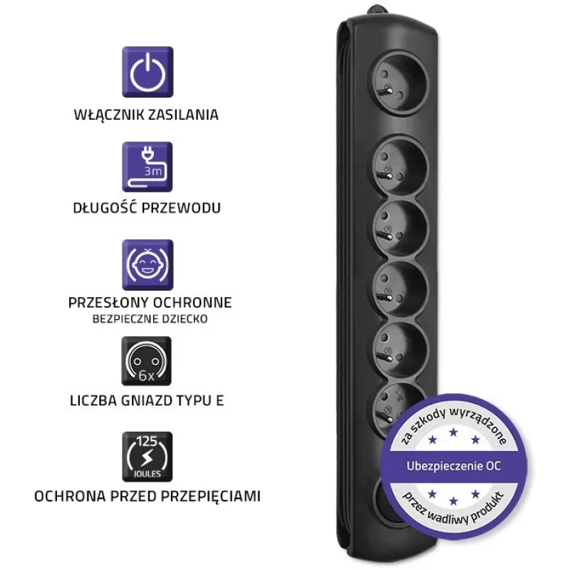 Listwa przeciwprzepięciowa Qoltec 50112 Czarna 6 gniazd AC 230V 3m
