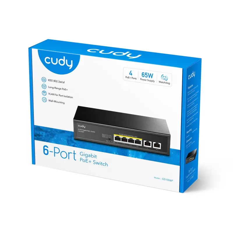 Przełącznik sieciowy Cudy GS1006P Niezarządzalny Gigabit Ethernet 6-portowy PoE, 12 Gbit/s, 2048 MAC, Czarny