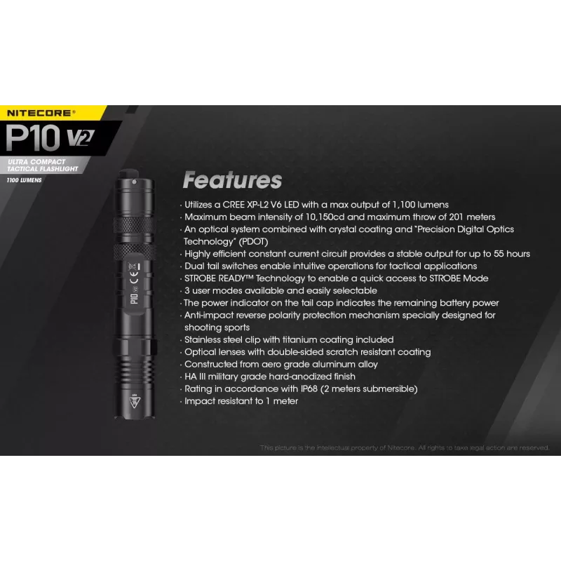 Latarka taktyczna Nitecore P10 V2 — 1000 lm, wodoszczelność IP68, odporność na wstrząsy, 95 g, kompatybilna z akumulatorami 18650/CR123