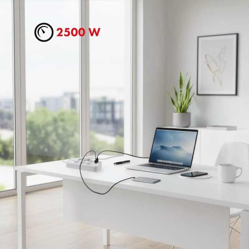 Listwa zasilająca MACLEAN MCE391 W — 6 gniazd, 4×USB-A + 1×USB-C, kabel 3 m, 110–240 V, 2500 W, biała