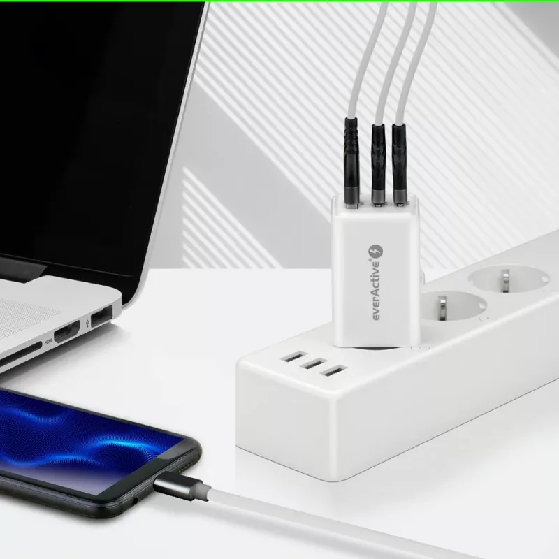 Ładowarka sieciowa everActive SQ-655Q 65W, 1×USB-A + 2×USB-C szybkie ładowanie