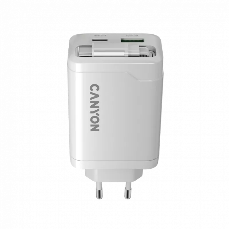 Ładowarka CANYON OnCharge 65RC z wbudowanym kablem USB-C 65W, 1x PD, 1x QC, wtyczka EU, biała