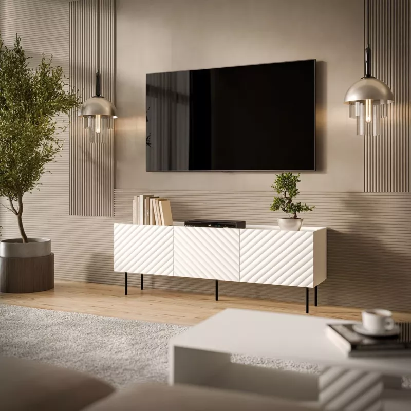 Szafka RTV Cama LUCCA 3D 165×40×59 cm, biała, blat z płyty wiórowej