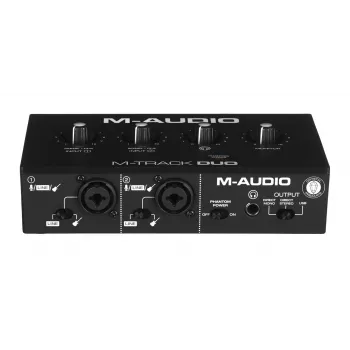 Interfejs audio M-Audio M-Track Duo — USB 2 we/2 wy, 16-bit/48 kHz, 1x combo XLR/TS, 1x wejście instrumentalne, phantom 48V