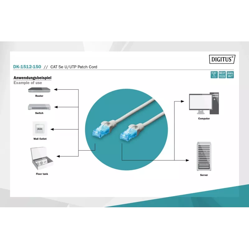 Digitus DK-1512-150 Kabel sieciowy RJ45 CAT 5e U/UTP Szary 15m