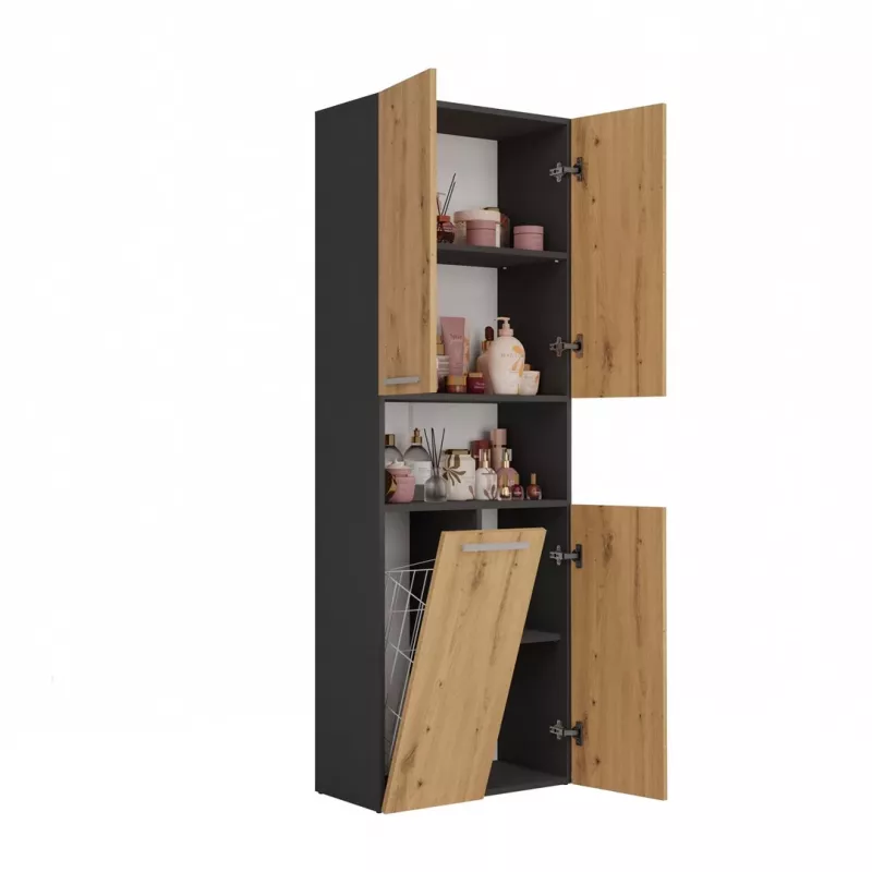 Szafka łazienkowa Top e Shop NEL 1K DK ANT/ART KP — Grafit/Dąb, wolnostojąca, 5 półek, 600×300×1740 mm
