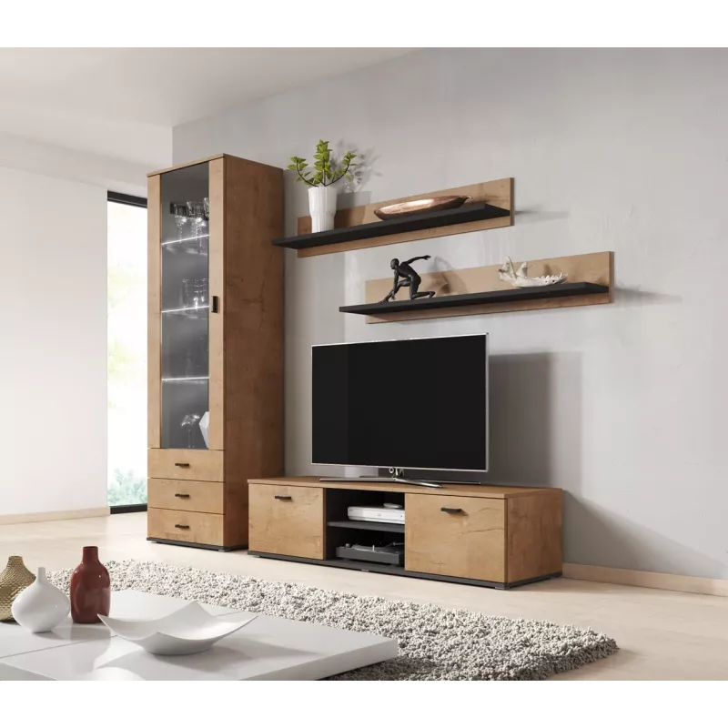 Stolik pod TV Cama Meble SOHO 140, lefkas dąb/czarny, 1400×430×370 mm